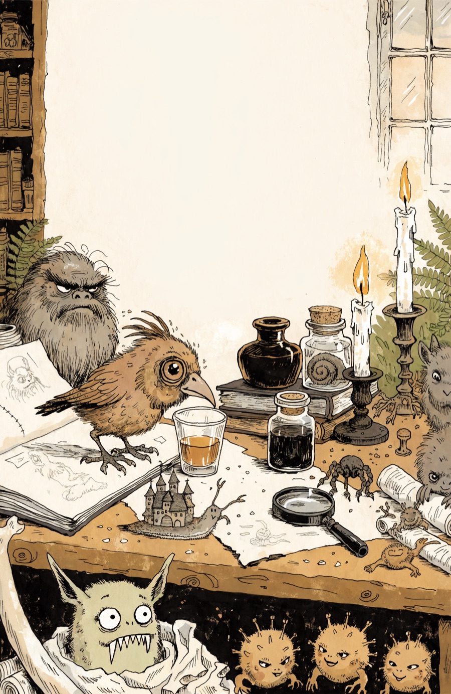Couverture : un bureau de naturaliste couvert de petites créatures fantastiques absurdes.