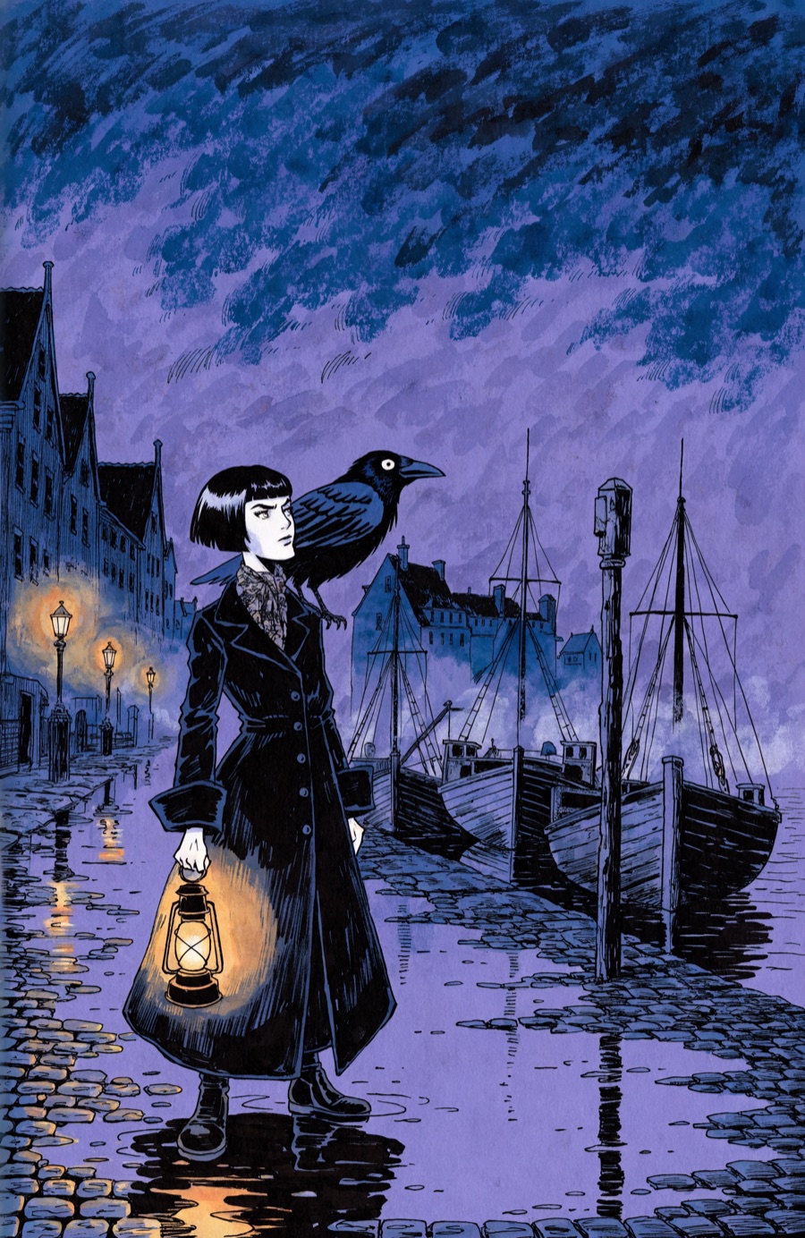 Couverture : Marguerite Corbeau, sorcière-détective, sur un port breton pluvieux la nuit.