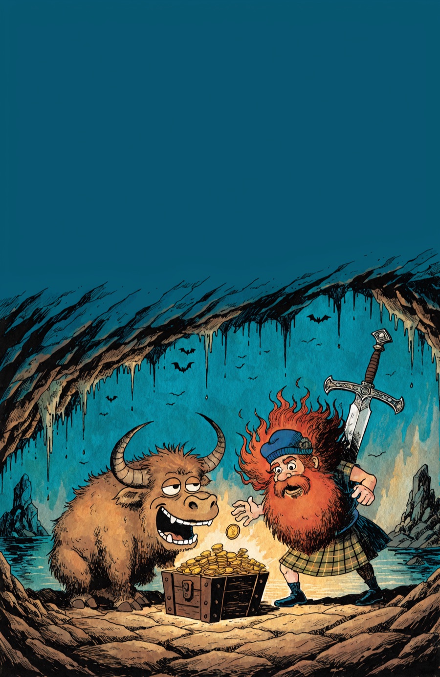 Couverture du tome 1, Le Trésor de Brumefond : Hamish et Glutuon découvrent un coffre au trésor dans une grotte.