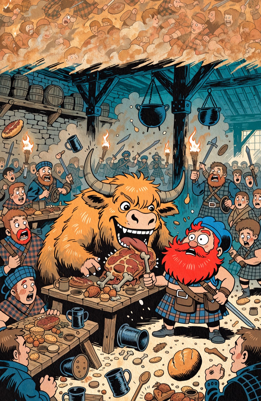 Couverture : Hamish et Glutuon pris entre deux clans lors d'un festin des Highlands.