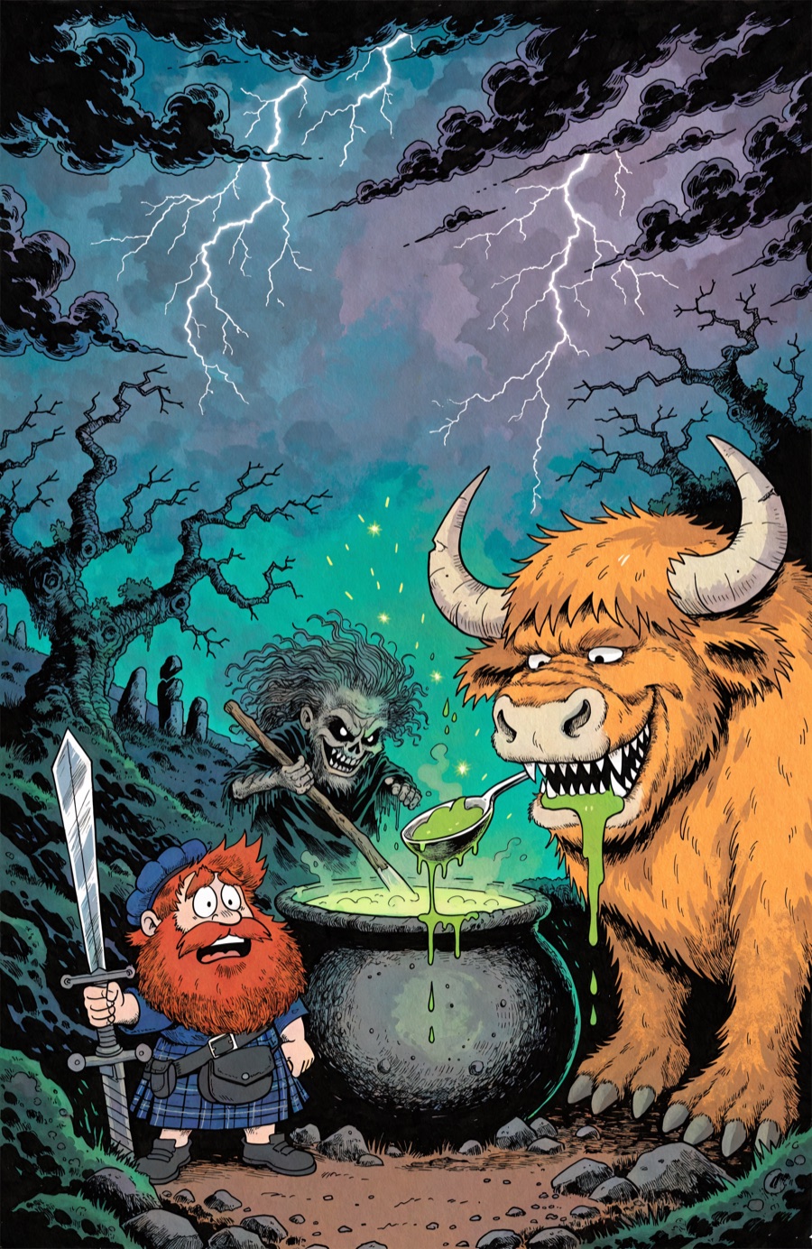 Couverture : Hamish et Glutuon devant un chaudron bouillonnant sur une lande orageuse.