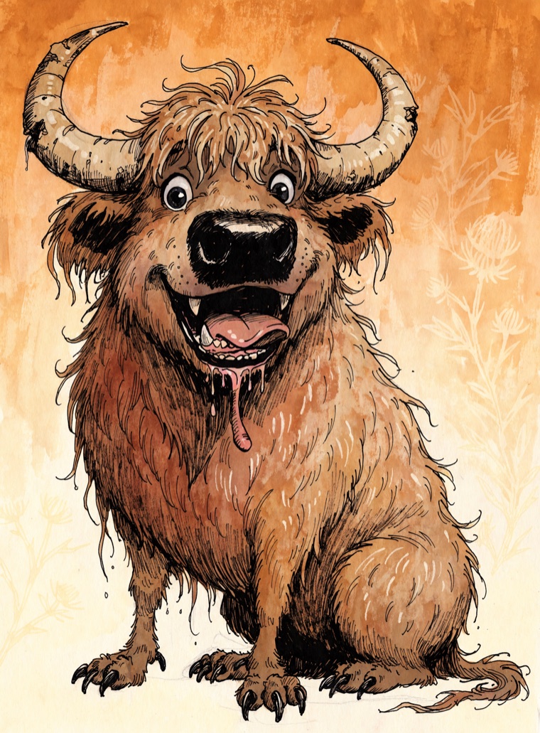 Portrait de Glutuon, énorme créature poilue façon vache des Highlands, cornes et grand sourire baveux.