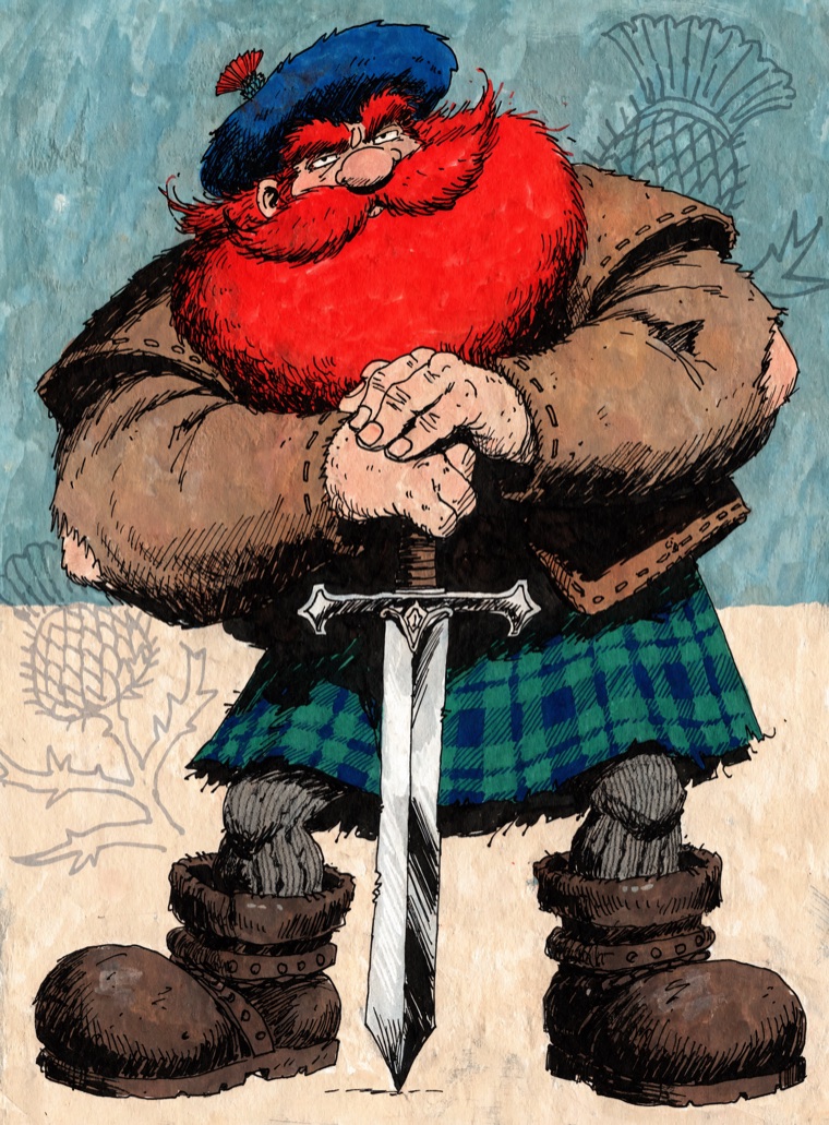 Portrait de Hamish, petit highlander à l'énorme barbe rousse, bonnet bleu et kilt, appuyé sur une claymore.